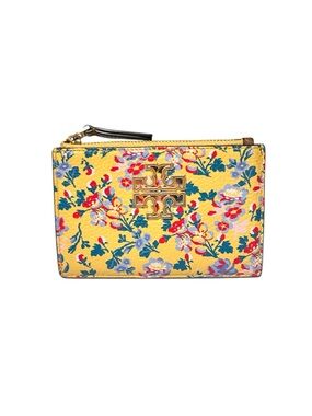 Tory Burch Yellow Floral Leather Zip Card Case with Gold Logo